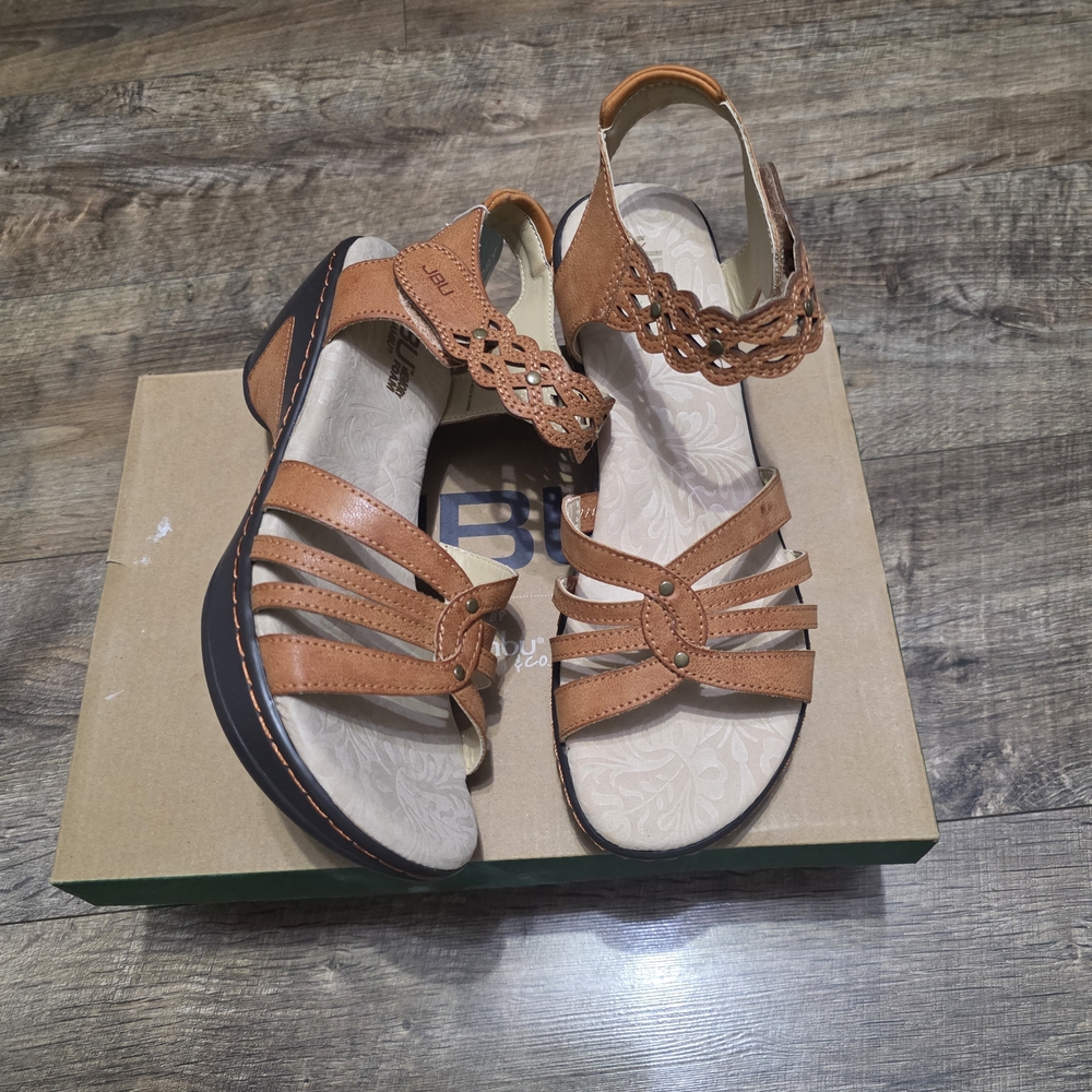 JBU Memory Foam Tan Leather  Sandals for Women Size 8